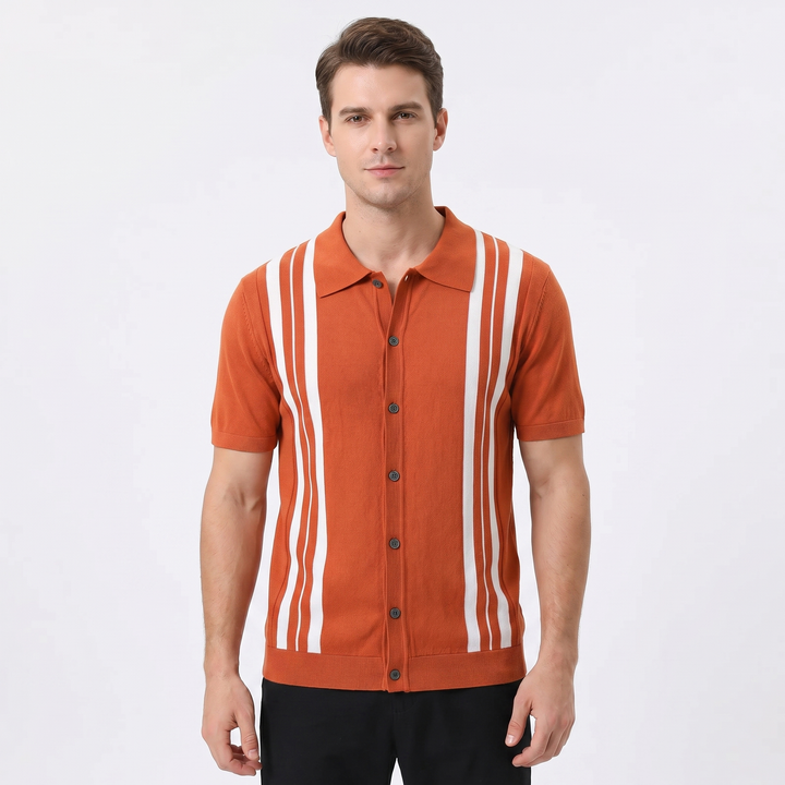 Men's Stripe Knit Polo Shirt Short Sleeve Button-Down Slim Fit Casual Summer