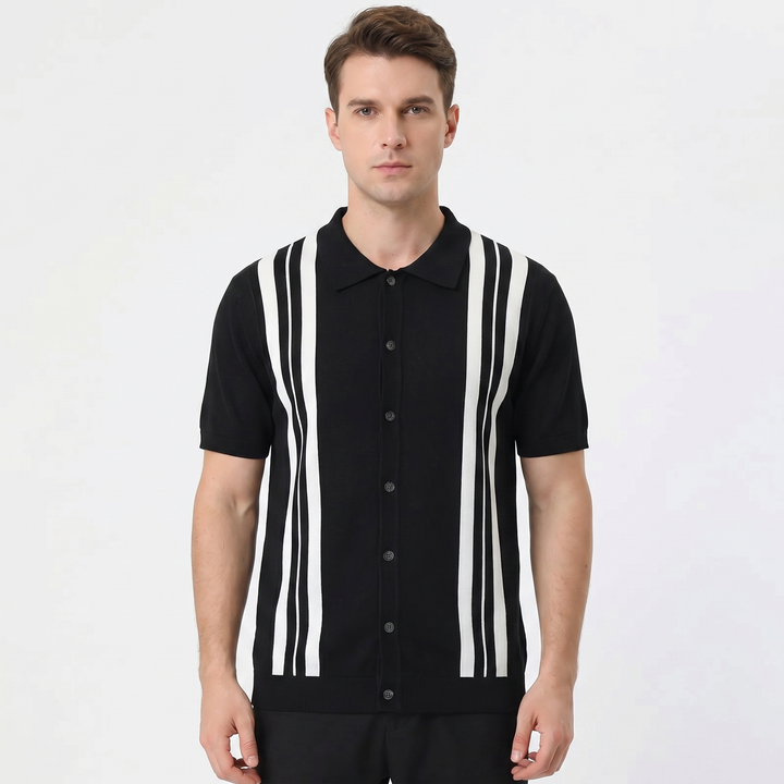 Men's Stripe Knit Polo Shirt Short Sleeve Button-Down Slim Fit Casual Summer