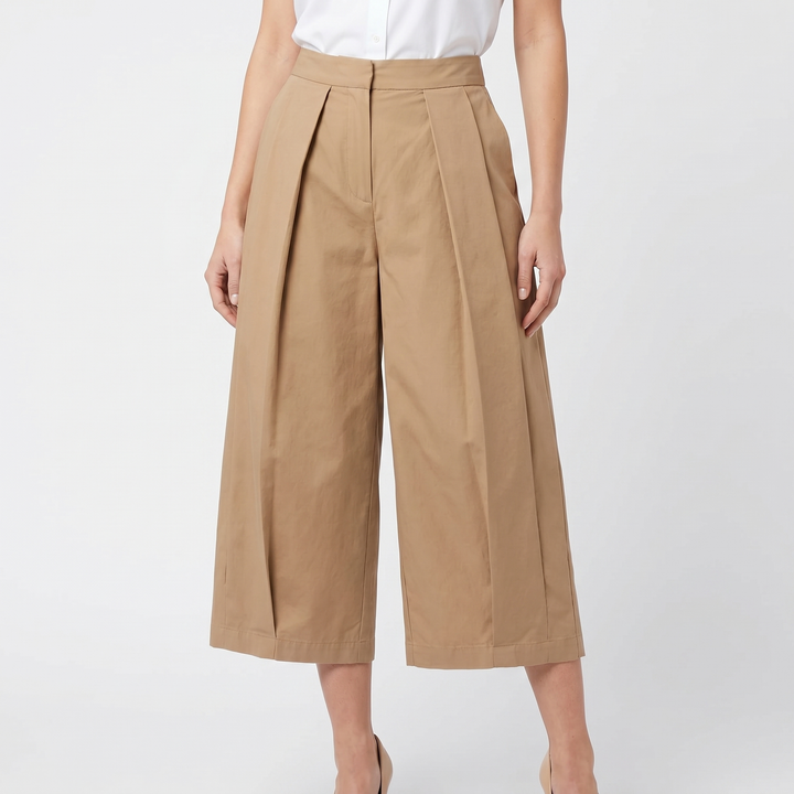 Women's Pleated Wide-Leg Cropped Trousers High Waist Structured Casual Chic