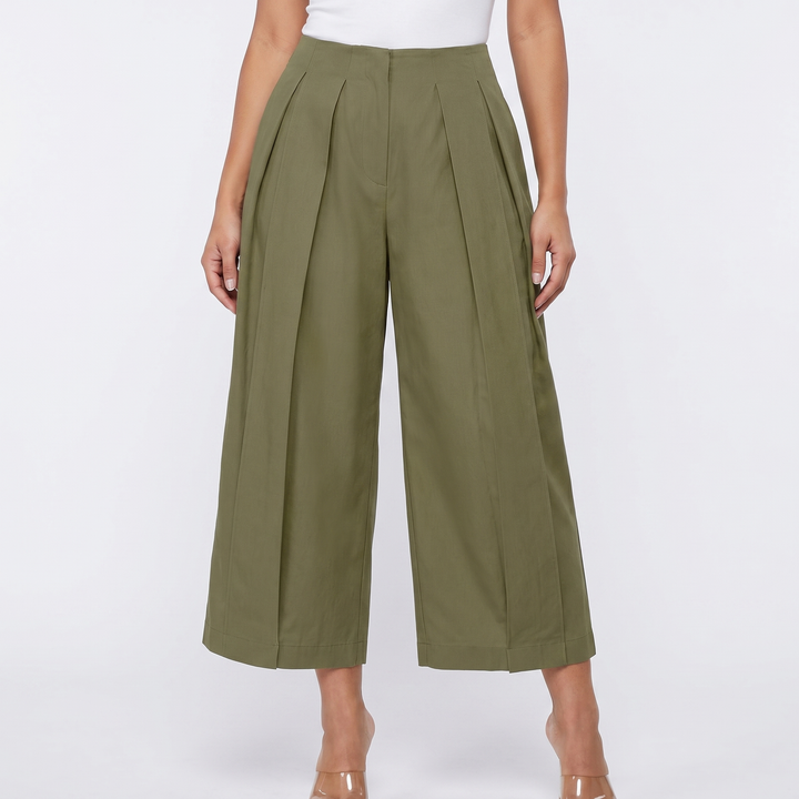 Women's Pleated Wide-Leg Cropped Trousers High Waist Structured Casual Chic