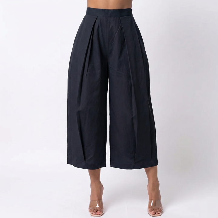 Women's Pleated Wide-Leg Cropped Trousers High Waist Structured Casual Chic