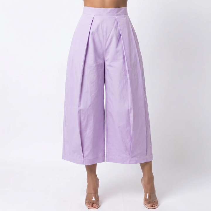 Women's Pleated Wide-Leg Cropped Trousers High Waist Structured Casual Chic