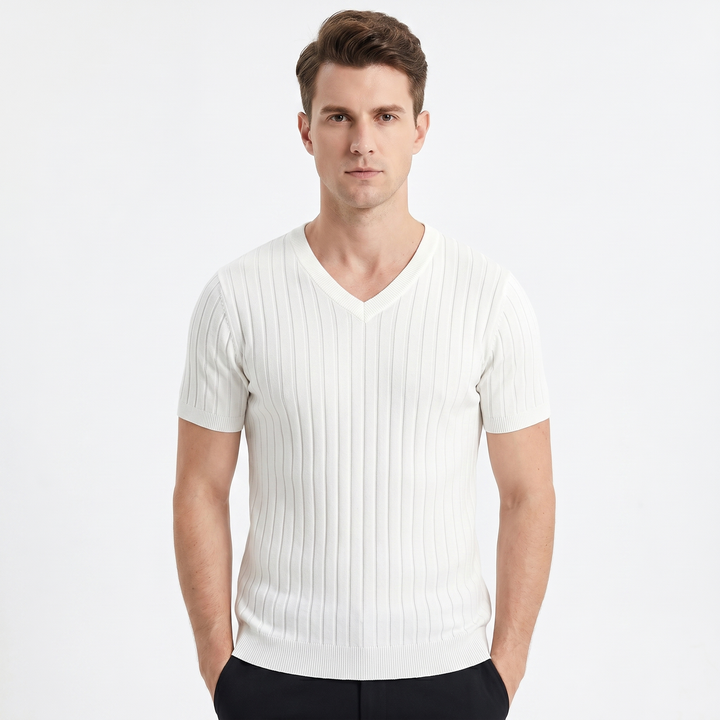 Men's Ribbed Knit V-Neck T-Shirt Short Sleeve Slim Fit Smart Casual Summer