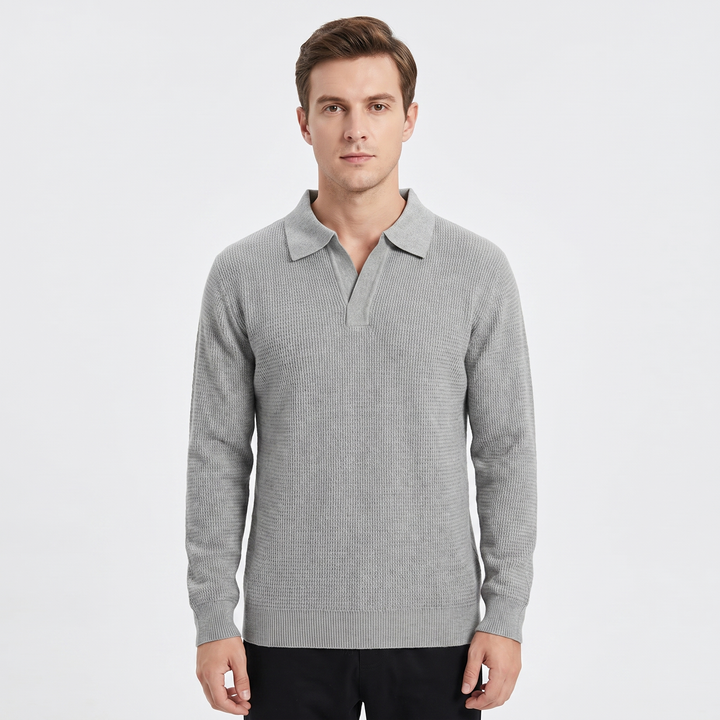 Men's Waffle Knit Long Sleeve Polo Sweater Open Collar Relaxed Fit Casual