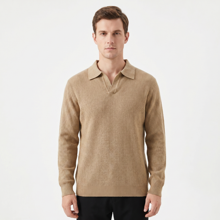 Men's Waffle Knit Long Sleeve Polo Sweater Open Collar Relaxed Fit Casual