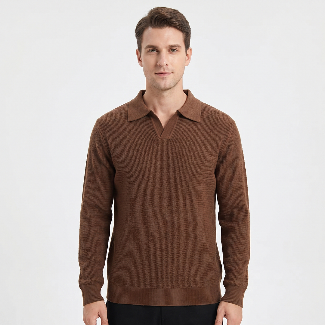 Men's Waffle Knit Long Sleeve Polo Sweater Open Collar Relaxed Fit Casual