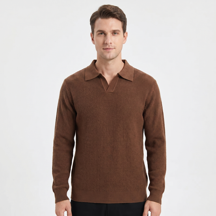 Men's Waffle Knit Long Sleeve Polo Sweater Open Collar Relaxed Fit Casual