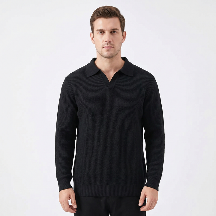 Men's Waffle Knit Long Sleeve Polo Sweater Open Collar Relaxed Fit Casual