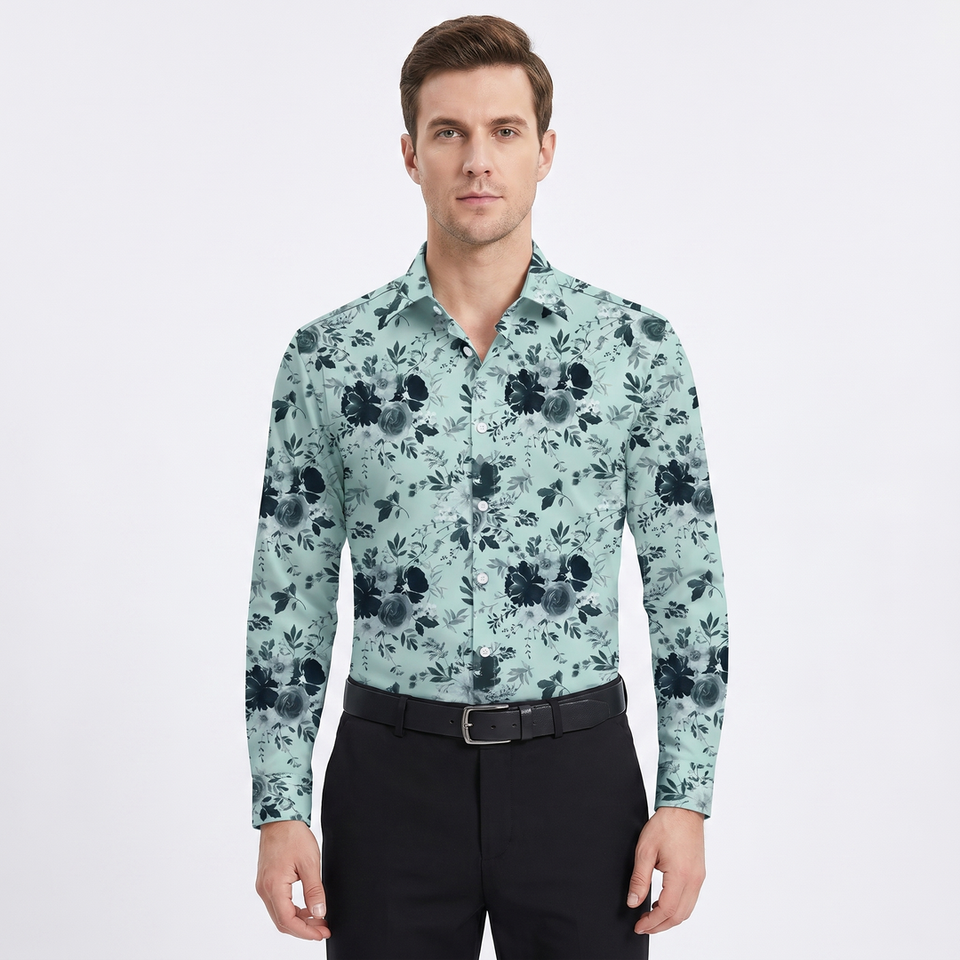 Men's Floral Print Long-Sleeve Shirt Slim-Fit Button-Down Casual
