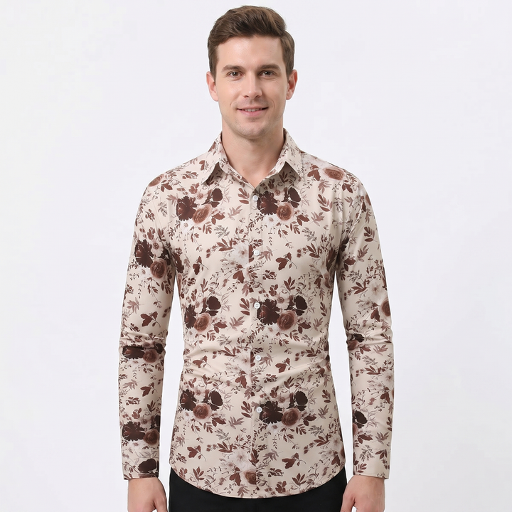 Men's Floral Print Long-Sleeve Shirt Slim-Fit Button-Down Casual