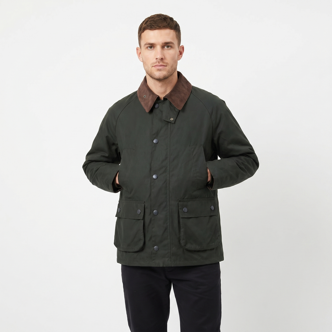 Men's Corduroy Collar Field Jacket Snap Button Country Barn Coat Multi-Pocket