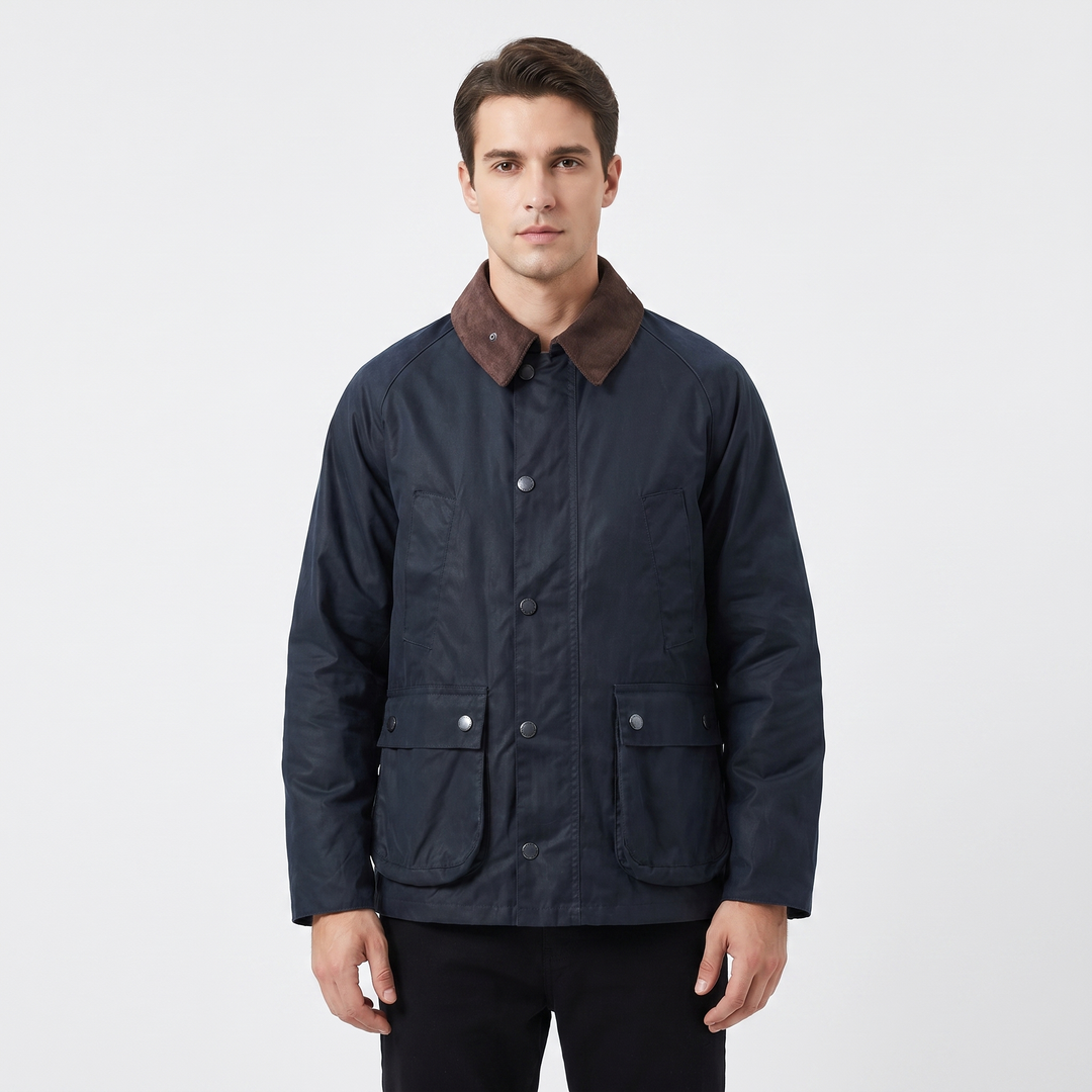 Men's Corduroy Collar Field Jacket Snap Button Country Barn Coat Multi-Pocket