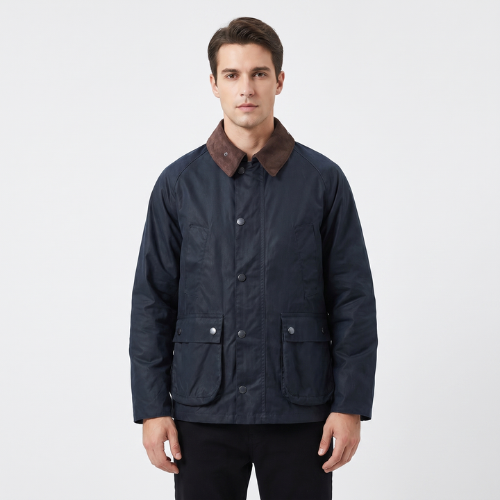 Men's Corduroy Collar Field Jacket Snap Button Country Barn Coat Multi-Pocket