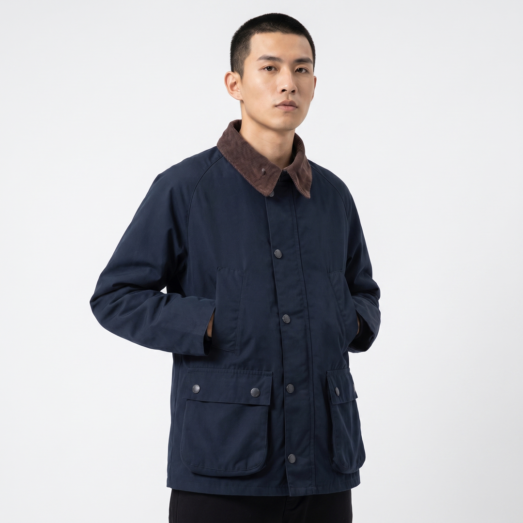Men's Corduroy Collar Field Jacket Snap Button Country Barn Coat Multi-Pocket