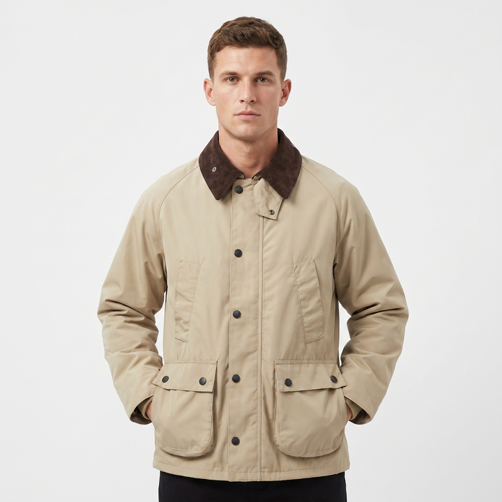 Men's Corduroy Collar Field Jacket Snap Button Country Barn Coat Multi-Pocket