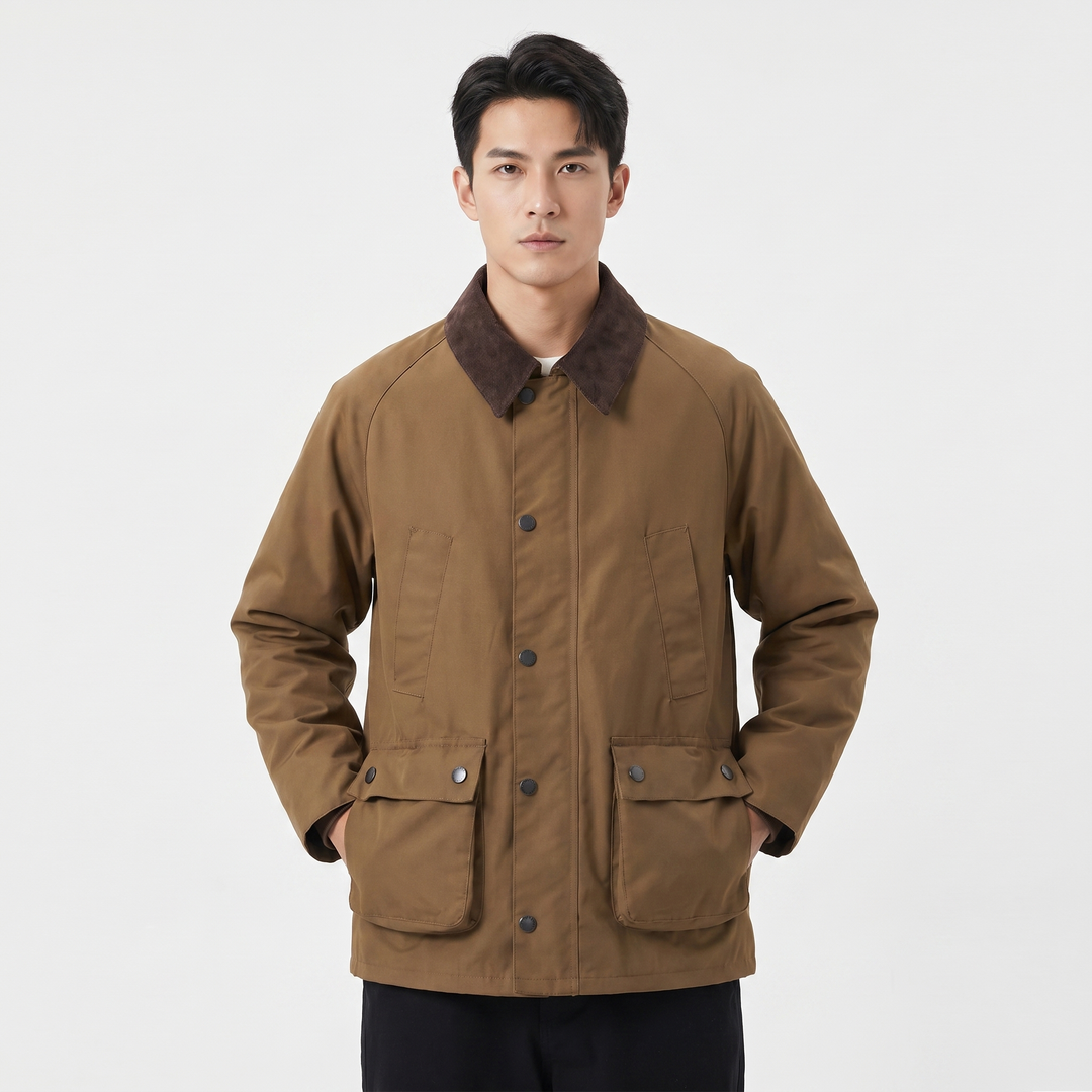 Men's Corduroy Collar Field Jacket Snap Button Country Barn Coat Multi-Pocket