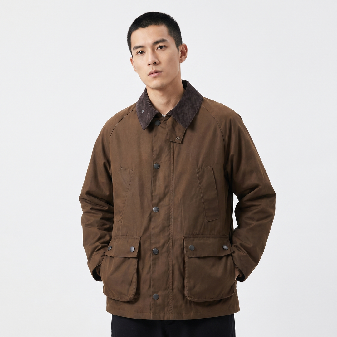 Men's Corduroy Collar Field Jacket Snap Button Country Barn Coat Multi-Pocket