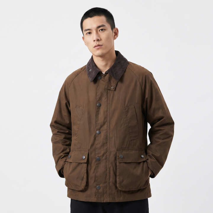 Men's Corduroy Collar Field Jacket Snap Button Country Barn Coat Multi-Pocket