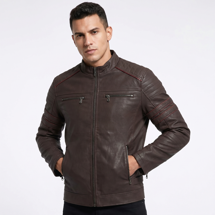 Men's Faux Leather Moto Jacket Quilted Shoulder Zip Pocket Biker Coat Slim Fit