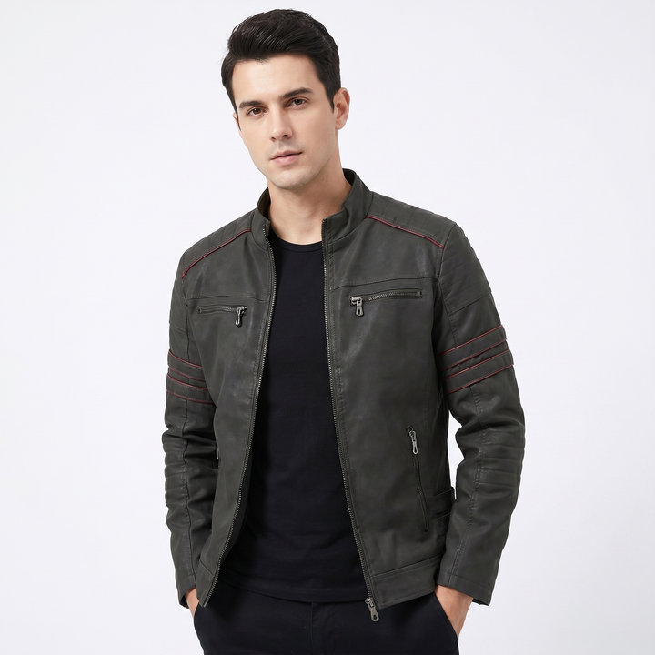 Men's Faux Leather Moto Jacket Quilted Shoulder Zip Pocket Biker Coat Slim Fit