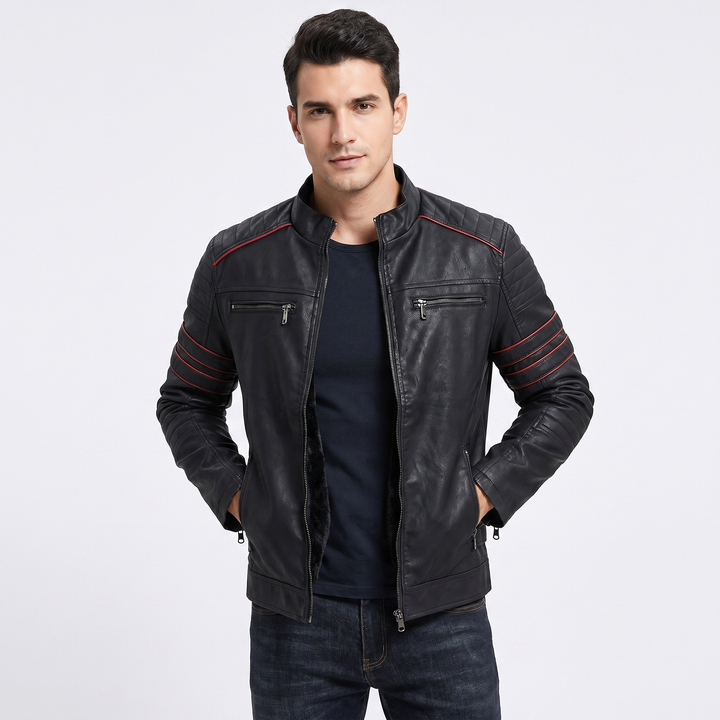 Men's Faux Leather Moto Jacket Quilted Shoulder Zip Pocket Biker Coat Slim Fit