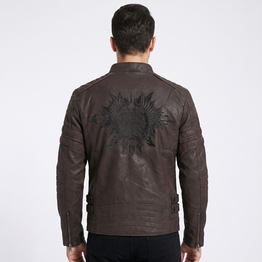 Men's Faux Leather Moto Jacket Quilted Shoulder Zip Pocket Biker Coat Slim Fit