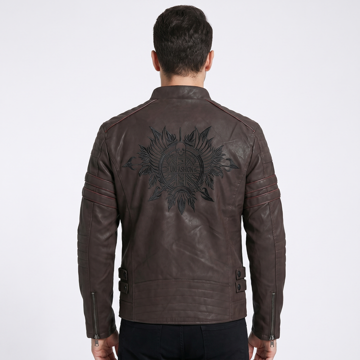 Men's Faux Leather Moto Jacket Quilted Shoulder Zip Pocket Biker Coat Slim Fit