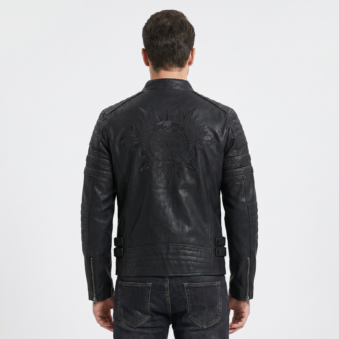 Men's Faux Leather Moto Jacket Quilted Shoulder Zip Pocket Biker Coat Slim Fit