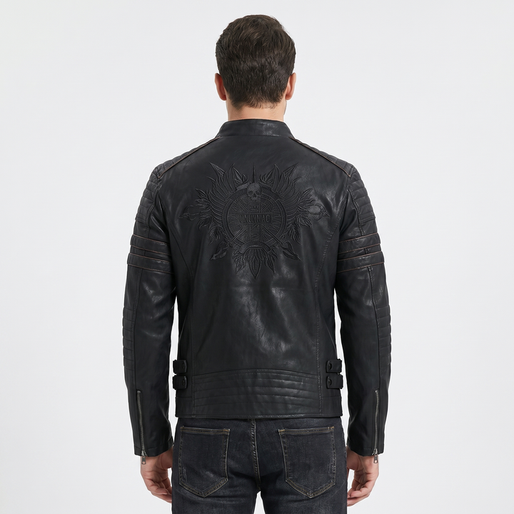 Men's Faux Leather Moto Jacket Quilted Shoulder Zip Pocket Biker Coat Slim Fit