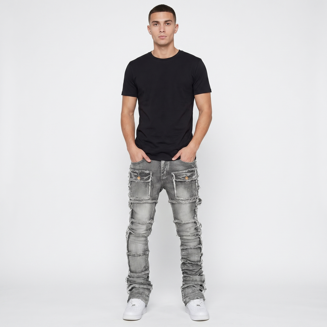 Men's Stacked Jeans Patchwork Frayed Panel Slim Fit Flare Hem Streetwear Denim