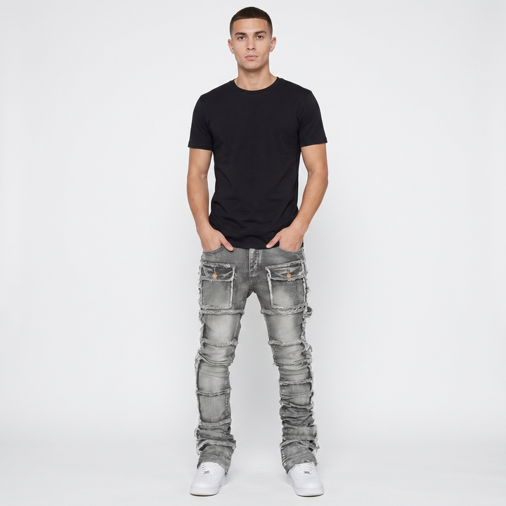 Men's Stacked Jeans Patchwork Frayed Panel Slim Fit Flare Hem Streetwear Denim