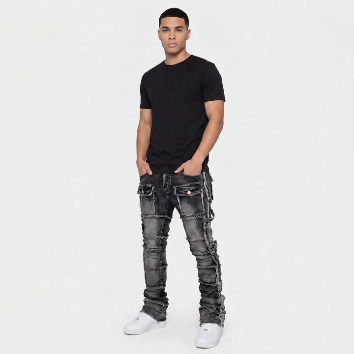 Men's Stacked Jeans Patchwork Frayed Panel Slim Fit Flare Hem Streetwear Denim