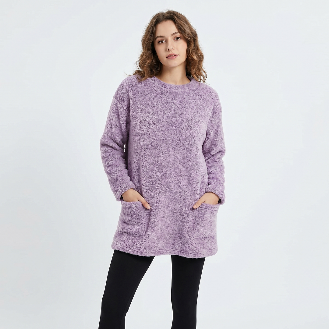 Women's Fluffy Fleece Tunic Top Oversized Crew Neck Sherpa Lounge Pullover