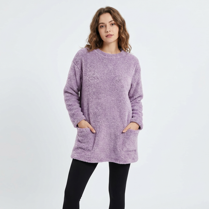 Women's Fluffy Fleece Tunic Top Oversized Crew Neck Sherpa Lounge Pullover