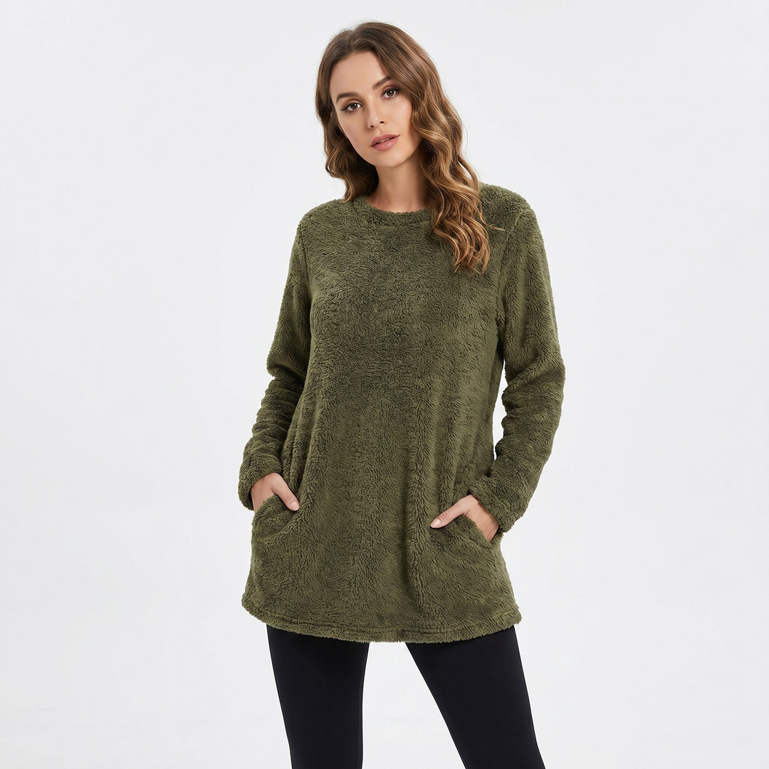Women's Fluffy Fleece Tunic Top Oversized Crew Neck Sherpa Lounge Pullover