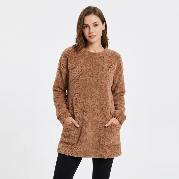Women's Fluffy Fleece Tunic Top Oversized Crew Neck Sherpa Lounge Pullover