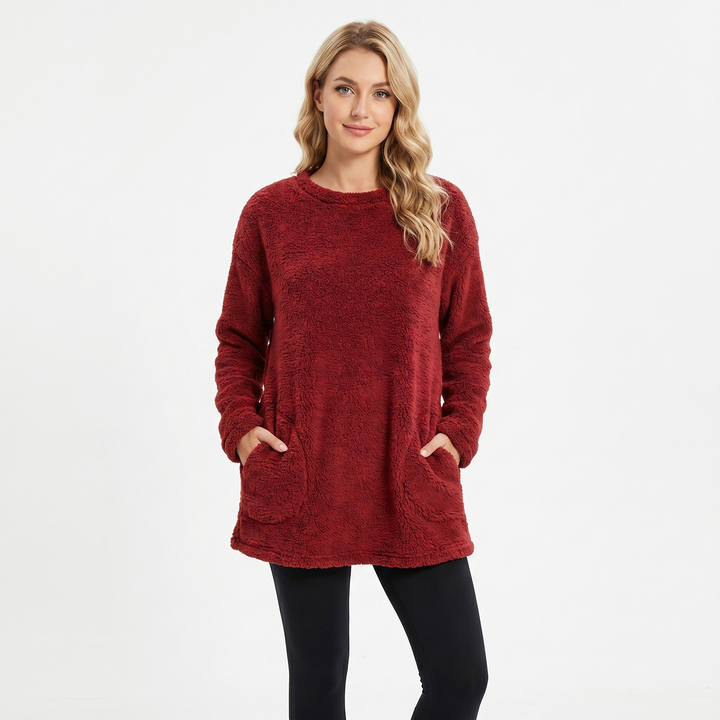 Women's Fluffy Fleece Tunic Top Oversized Crew Neck Sherpa Lounge Pullover