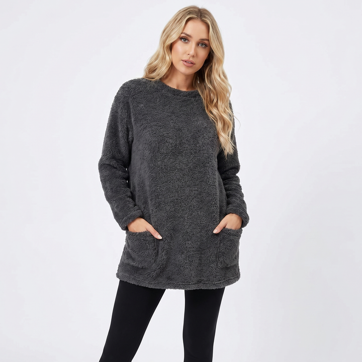 Women's Fluffy Fleece Tunic Top Oversized Crew Neck Sherpa Lounge Pullover