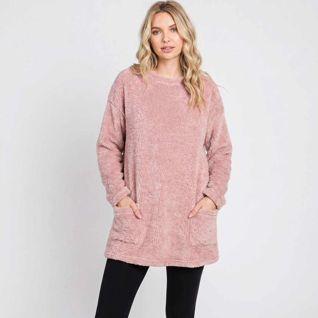 Women's Fluffy Fleece Tunic Top Oversized Crew Neck Sherpa Lounge Pullover