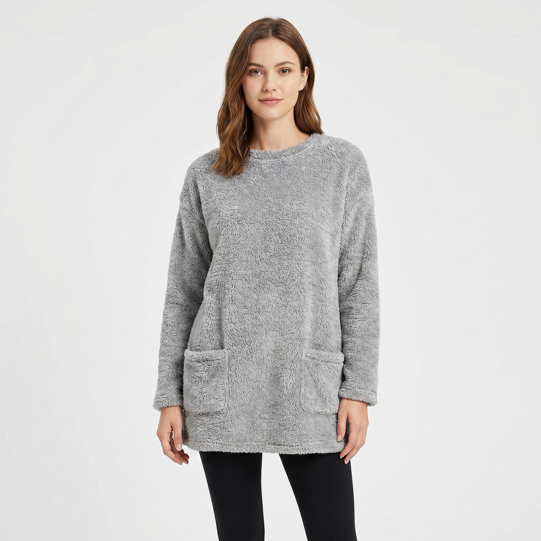 Women's Fluffy Fleece Tunic Top Oversized Crew Neck Sherpa Lounge Pullover