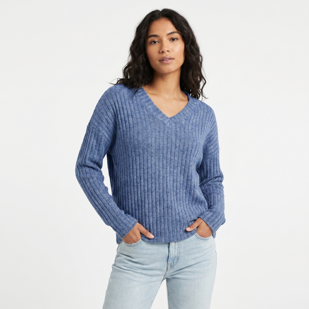 Women's Ribbed V-Neck Sweater Long Sleeve Soft Knit Pullover Casual Jumper