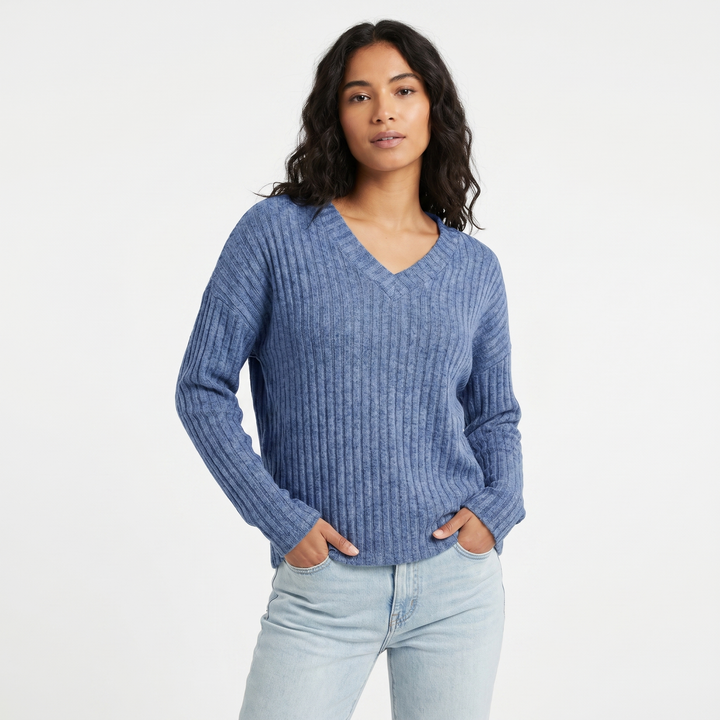 Women's Ribbed V-Neck Sweater Long Sleeve Soft Knit Pullover Casual Jumper