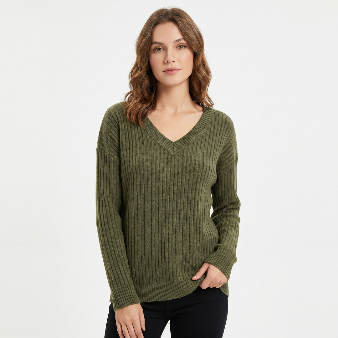 Women's Ribbed V-Neck Sweater Long Sleeve Soft Knit Pullover Casual Jumper