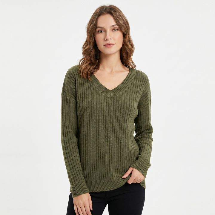 Women's Ribbed V-Neck Sweater Long Sleeve Soft Knit Pullover Casual Jumper