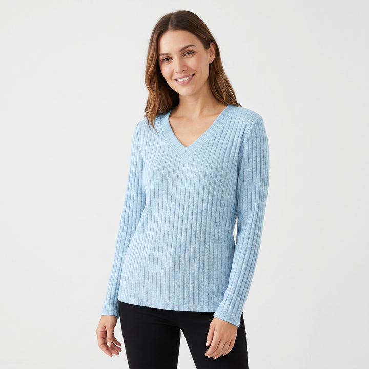 Women's Ribbed V-Neck Sweater Long Sleeve Soft Knit Pullover Casual Jumper
