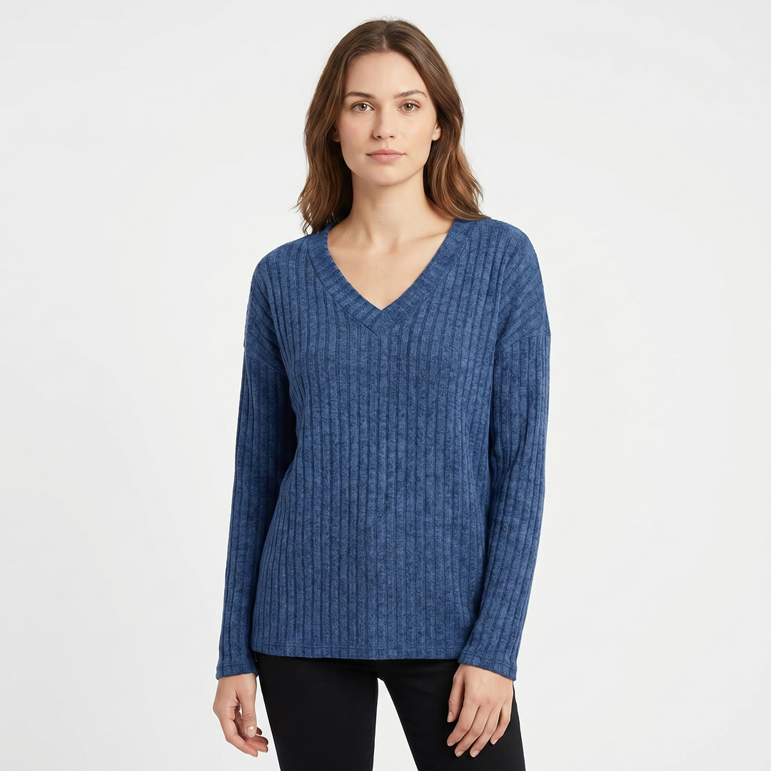 Women's Ribbed V-Neck Sweater Long Sleeve Soft Knit Pullover Casual Jumper