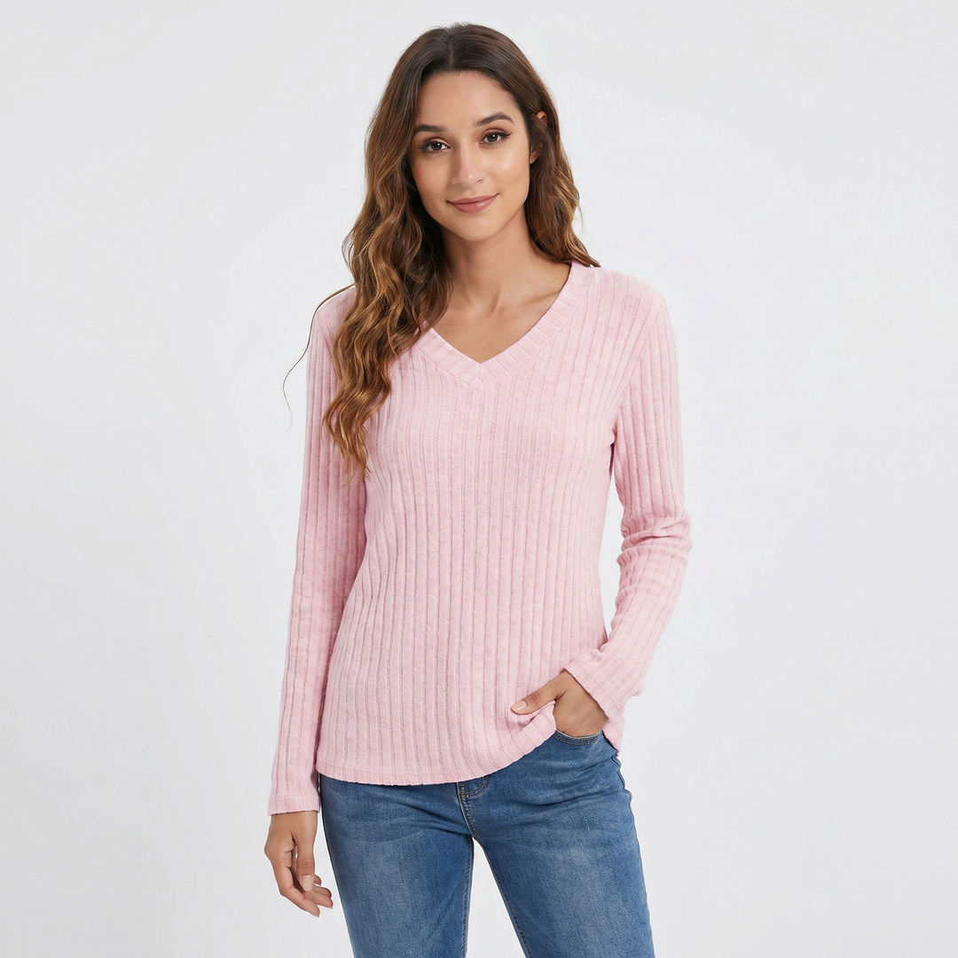 Women's Ribbed V-Neck Sweater Long Sleeve Soft Knit Pullover Casual Jumper