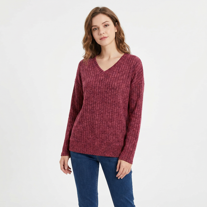 Women's Ribbed V-Neck Sweater Long Sleeve Soft Knit Pullover Casual Jumper