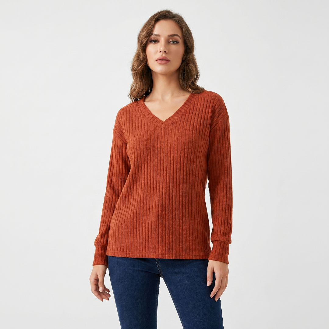 Women's Ribbed V-Neck Sweater Long Sleeve Soft Knit Pullover Casual Jumper