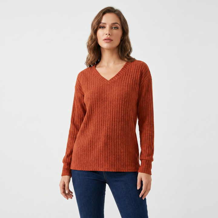 Women's Ribbed V-Neck Sweater Long Sleeve Soft Knit Pullover Casual Jumper